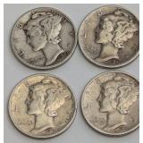 Four 90% Silver Mercury Dimes, 1941-1944