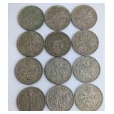 12 British Sixpence Coins, 1950-1967