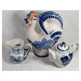 Soviet-Era Gzhel Porcelain Set with Rooster