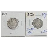 USA Wartime Nickels, 1927 Buffalo and 1944-P Jeffe