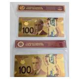 A Pair of Novelty 24-KTGold-Foil Canadian 100-Doll