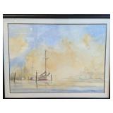 Watercolor Harbor Scene with Sailboats, Signed H.