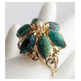 A 14 KT Gold Turquoise and Pearl Floral Cluster Ri