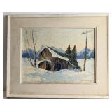 Winter Landscape with Barn, Oil on Canvas Board, S