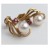 A Pair of 10 KT Gold, Pearl and Pink Gemstone Earr