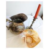SPl Pitcher, Carnival Glass Dish, & Brass Candlest