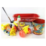 VTG Pull Toys, Racer Wagon,Tin Bucket