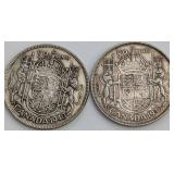 CDN George VI Silver 50-Cent Coins, 1940 and 1949