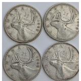 Four CDN Silver 25 Cents Coins, 1943 and 1949