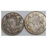 CDN George VI Silver 50-Cent Coins, 1942 and 1951
