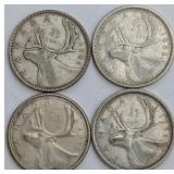 Four CDN Silver 25-Cent Coins, 1941-1959