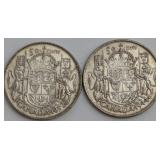 CDN Silver 50-Cent Coins, George VI, 1944 and 1952