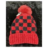 Red & Black Checkered Knot Pom Pom Beanie