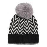 KNITTED CHEVRON PRINT POMPOM BEANIE