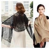 Women's Shawl/Scarfs Black Floral & Beige