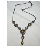 Vintage Necklace Amber Colored and Rhinestones