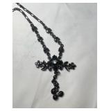 Black Beaded Rhinestone Cross Necklace