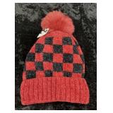 Red & Black Checkered Pom Pom Beanie