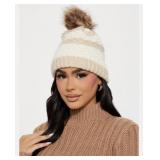 Beige and White Knitted Pom Pom Beanie