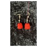 Vintage Handmade Carved Red Owl Dangle Earrings