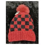 Red & Black Checkered Pom Pom Beanie