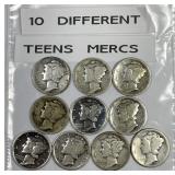 Ten Different Mercury Silver Dimes From The Teens