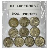 Ten Different Mercury Silver Dimes From The 1930