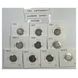 10 Different Dated Barber Silver Dimes 1902-1916