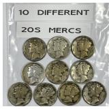 Ten Different Mercury Silver Dimes From The 1920