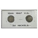 1866 & 1867 Three Cent Nickel 3cN Pair VG