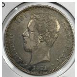 SPAIN: 1871 Silver 5 Pesetas Very Fine VF