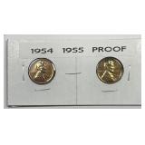 1954 & 1955 Proof Lincoln Wheat Cent Pair PR PRF