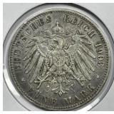 GERMANY: Prussia 1903-A Silver 5 Mark Very Fine VF