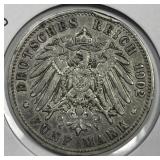 GERMANY: Prussia 1902-A Silver 5 Mark Very Fine VF