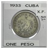 CUBA: 1933 Silver Peso Extra Fine XF