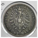 GERMANY: Prussia 1876-A Silver 5 Mark Very Fine VF