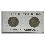 GERMANY: 1907-D & 1910-D Silver Mark Pair XF