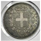 ITALY: 1876 Silver 5 Lire Extra Fine XF