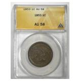 1853 Braided Hair Large Cent ANACS AU58