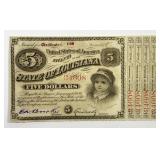 1886 $5 State of Louisiana Baby Bond w/ 4 Receipts