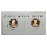 2021-S & 2022-S Proof Lincoln Cent Pair PR PRF