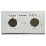 1903 & 1904 Indian Head Cent Pair Extra Fine XF+