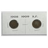 1908 & 1909 Indian Head Cent Pair Extra Fine XF