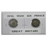 GREAT BRITAIN: 1916 & 1920 Silver Six Pence Pair