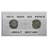 GREAT BRITAIN: 1872 & 1889 Silver Six Pence Pair