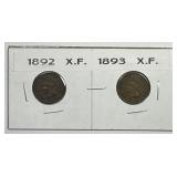 1892 & 1893 Indian Head Cent Pair Extra Fine XF