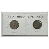 1859 & 1860 Indian Head Cent Pair Fine F