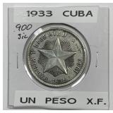 CUBA: 1933 Silver Peso Extra Fine XF