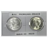 1884-O Morgan & 1923 Peace Silver $1 Pair UNC BU