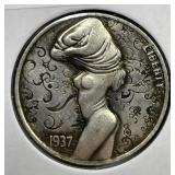 Carved Hobo Nickel "Nude" on 1937 Buffalo Nickel